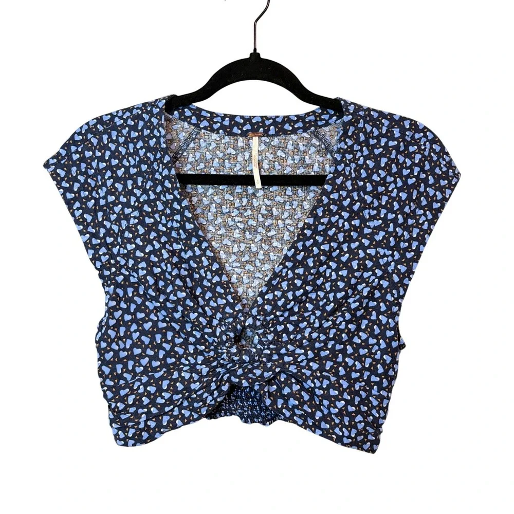 Free People Blue Heart Print Twist Front Crop Top Womens Small Linen Blend Boho - Picture 3 of 6